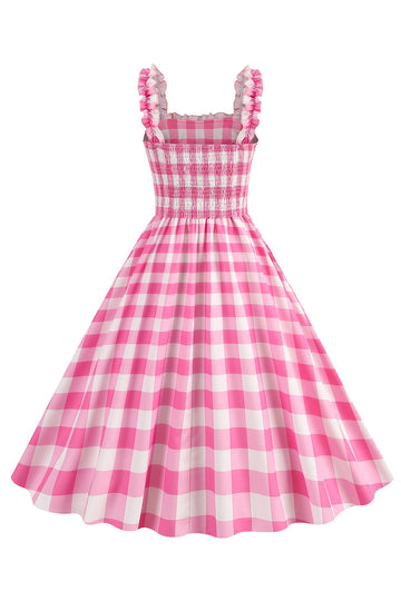 Pink Plaid A Line Smocked Vestido dos anos 1950